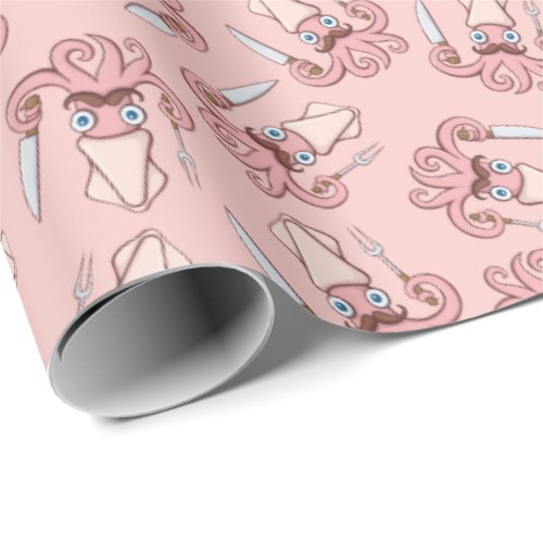 Squid Chef Cartoon Pattern Wrapping Paper