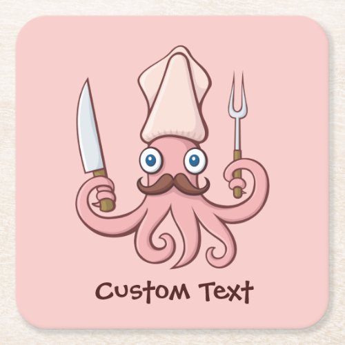 Squid Chef Cartoon Square Paper Coaster