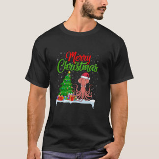 Squid Christmas Tree Lights Funny Xmas Squid Lover T-Shirt