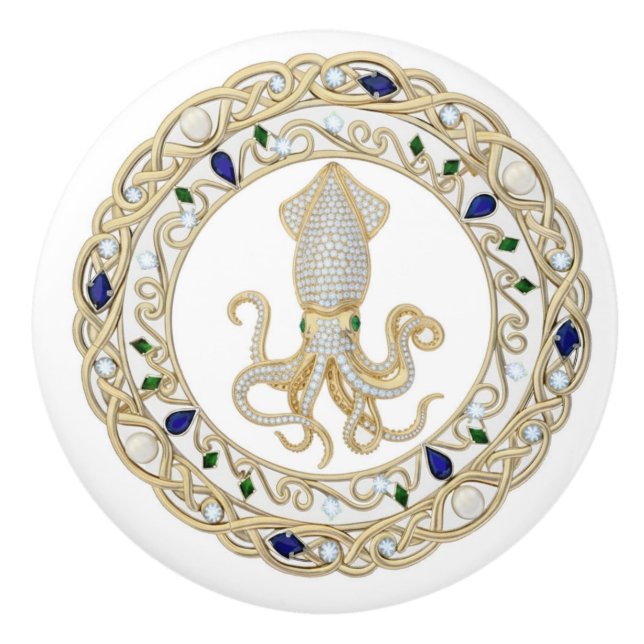 Squid Gold Crystal Ocean Sea 2D graphic gemstone Ceramic Knob (Front)