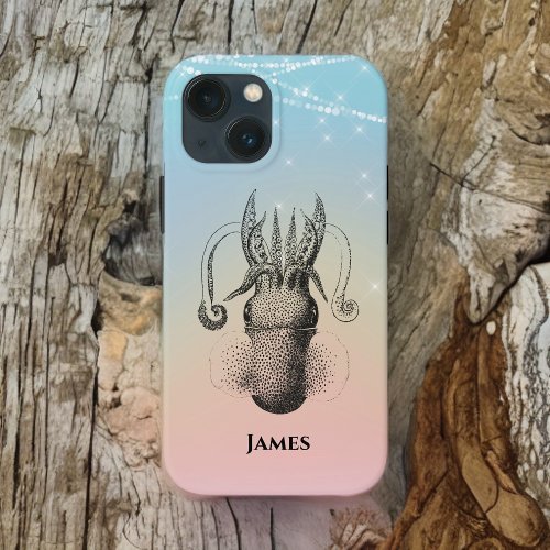 Squid Illustration on Rainbow Pastel with Name iPhone 13 Mini Case