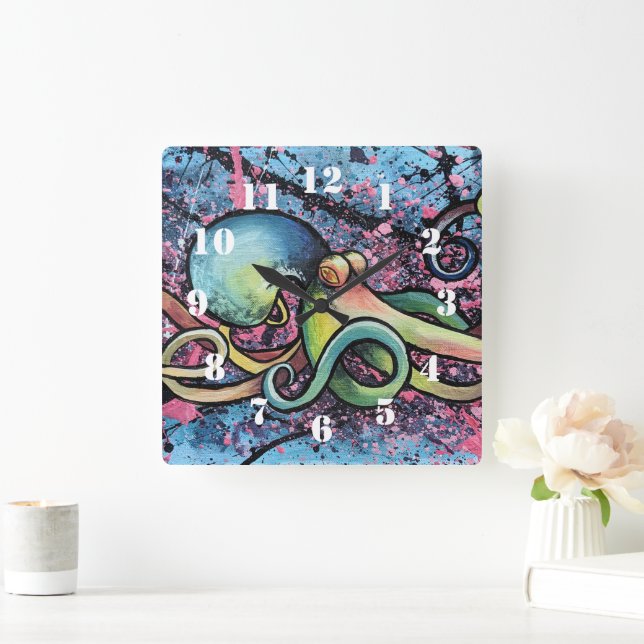Squid Splatter Art Square Wall Clock (Home)