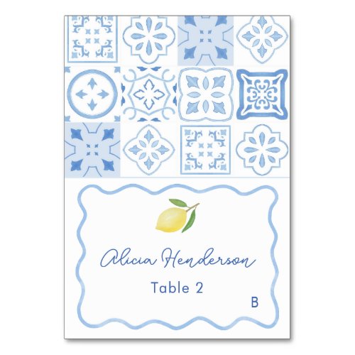 Squiggle Border Pale Blue Lemon Wedding Place Card