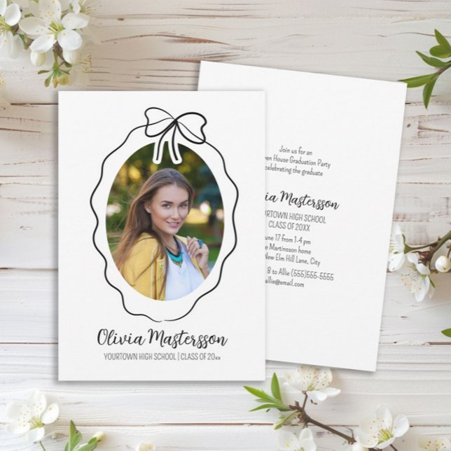 Squiggle Bow Photo Open House Graduation Party Invitation (Cute line-art bow and frame graduation party photo invitation)