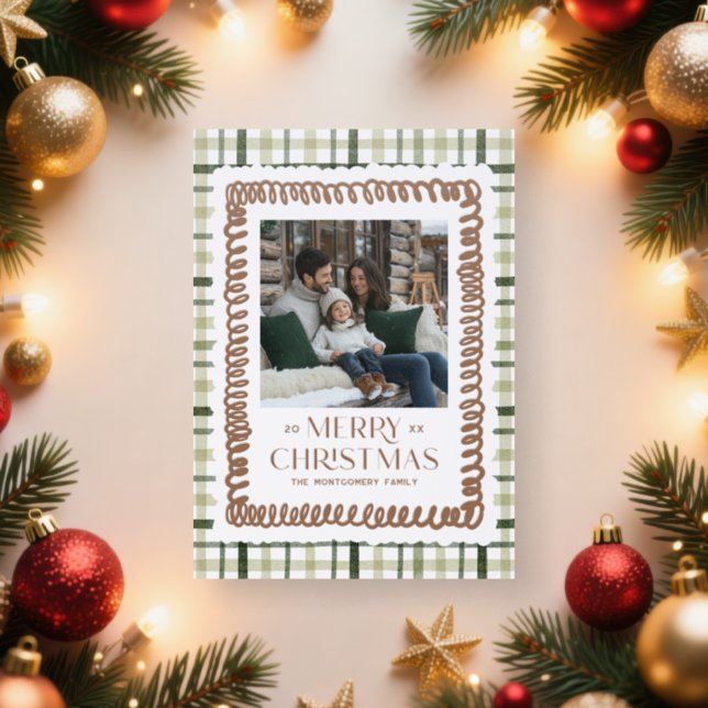 Squiggle Frame | Cozy Plaid Christmas Photo Letterpress Photo Cards (Insitu)