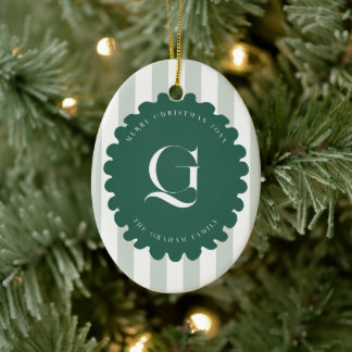 Squiggle Frame & Stripes Monogram Christmas Photo Ceramic Ornament