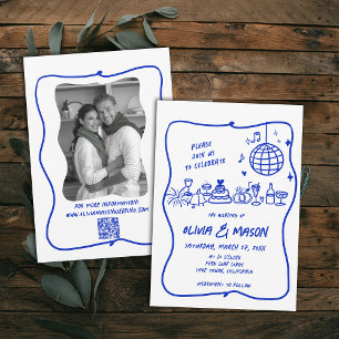 Squiggle Hand-Drawn Modern Doodle Blue Wedding Invitation