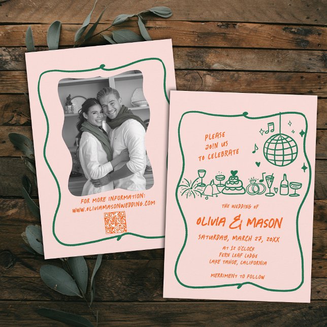 Squiggle Hand-Drawn Modern Doodle Pink Wedding Invitation (hand drawn wedding invitation doodle illustration squiggle wavy frame modern funky unique pink)