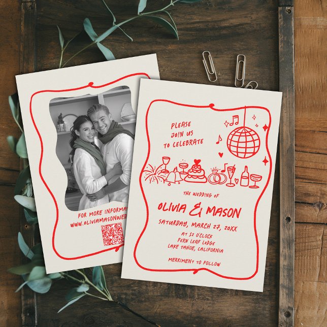Squiggle Hand-Drawn Modern Doodle Red Ecru Wedding Invitation (hand drawn wedding invitation doodle illustration squiggle wavy frame modern funky unique red)