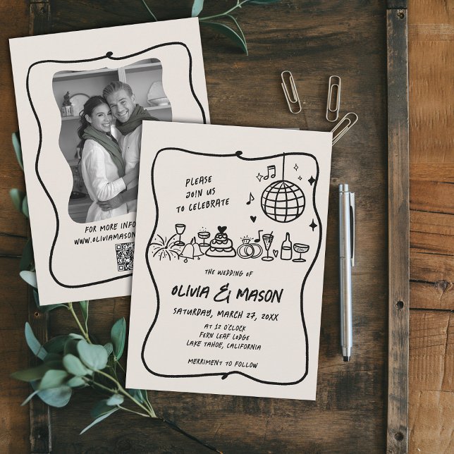Squiggle Hand-Drawn Modern Doodle Unique Wedding Invitation (hand drawn wedding invitation doodle illustration squiggle wavy frame modern funky unique ecru)