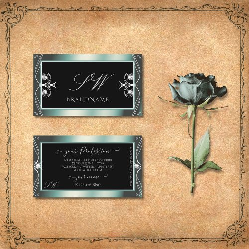 Squiggled Black and Teal Sparkle Diamonds Monogram Business Card
