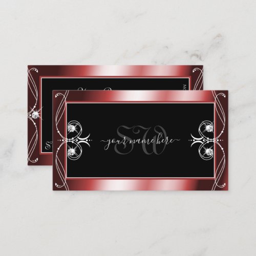 Squiggled Black Red Sparkling Diamonds Initials Business Card