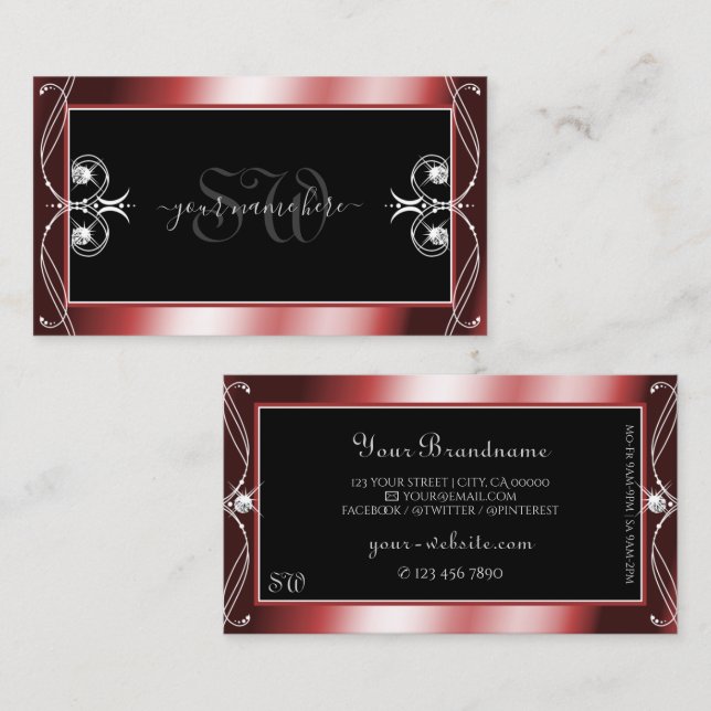 Squiggled Black Red Sparkling Diamonds Initials Business Card (Front/Back)