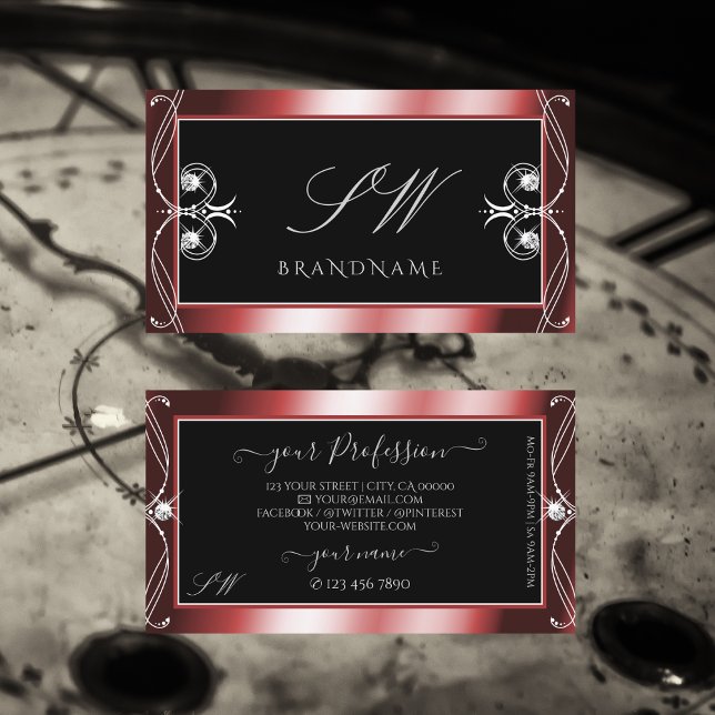 Squiggled Black Red Sparkling Diamonds Monogram Business Card (Creator Uploaded)