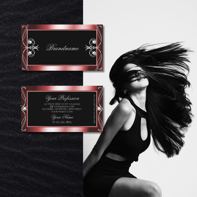 Squiggled Black Red Sparkling Diamonds Ornamental Business Card (Creator Uploaded)