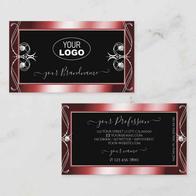 Squiggled Black Red Sparkling Diamonds with Logo Business Card (Front/Back)