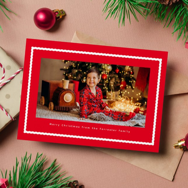 Squiggly frame cute simple red one photo Christmas Holiday Card (Creator Uploaded)