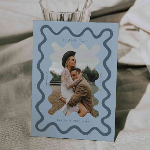 Squiggly Hand Drawn Line Blue Wedding Photo Thank You Card