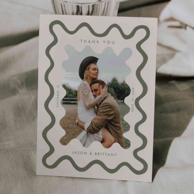 Squiggly Hand Drawn Line Olive Green Wedding Photo Thank You Card (Creator Uploaded)