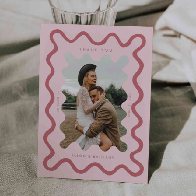 Squiggly Hand Drawn Line Pink Wedding Photo Thank You Card (Creator Uploaded)