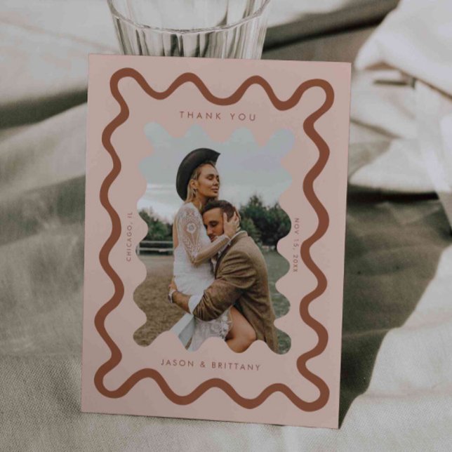 Squiggly Hand Drawn Line Terracotta Wedding Photo Thank You Card (Creator Uploaded)