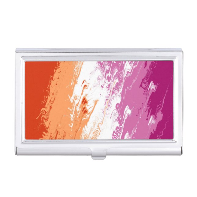 Squiggly Trippy Abstract Lesbian Pride Flag Business Card Case (Front)