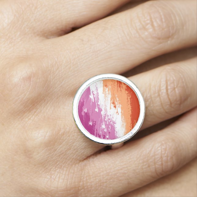 Squiggly Trippy Abstract Lesbian Pride Flag Ring (In Situ)