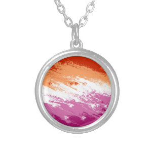 Squiggly Trippy Abstract Lesbian Pride Flag Silver Plated Necklace