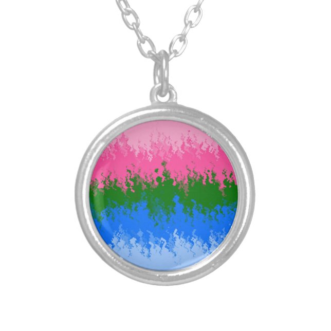 Squiggly Trippy Abstract Omniromantic Pride Flag Silver Plated Necklace (Front)