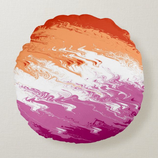Squiggly Trippy Groovy Abstract Lesbian Pride Flag Round Pillow (Front)