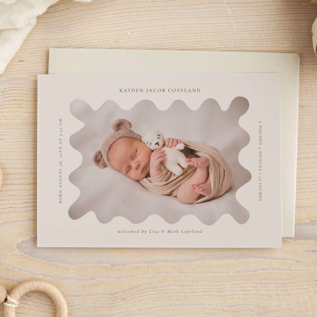 Squiggly Wavy Beige Frame Birth Announcement Photo (Creator Uploaded)