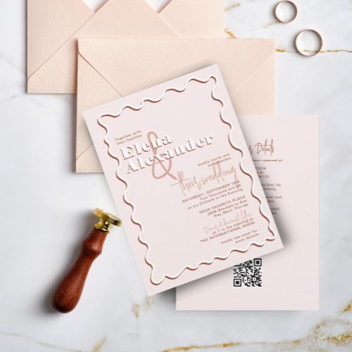 Squiggly Wavy Blush Rust RSVP QR Code Wedding  Invitation