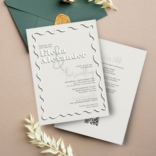 Squiggly Wavy Green RSVP QR Code Wedding  Invitation