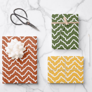 Squiggly White Chevron On Terracotta Green Yellow Wrapping Paper Sheets