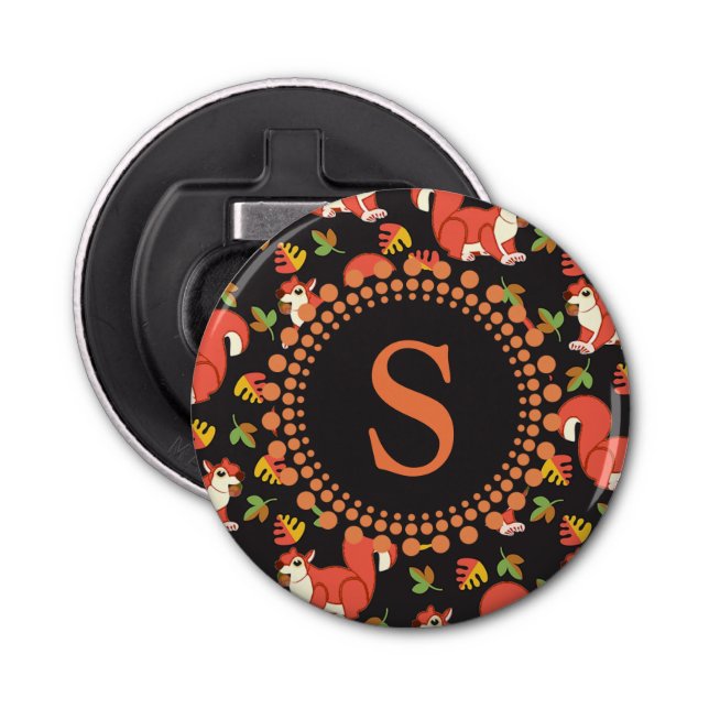 Squirrel and Autumn Leaf Pattern Monogram Bottle Opener (Front)