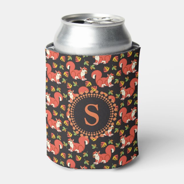 Squirrel and Autumn Leaf Pattern Monogram Can Cooler (Can Front)