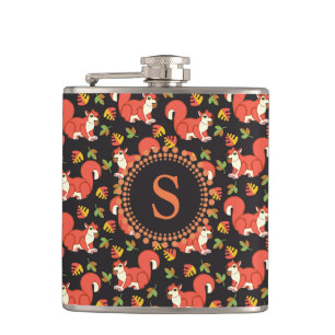 Squirrel and Autumn Leaf Pattern Monogram Flask