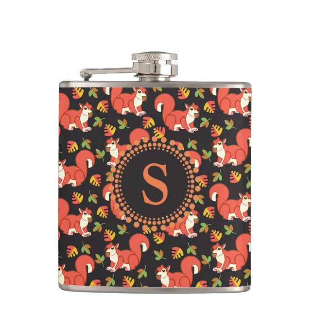Squirrel and Autumn Leaf Pattern Monogram Flask (Front)