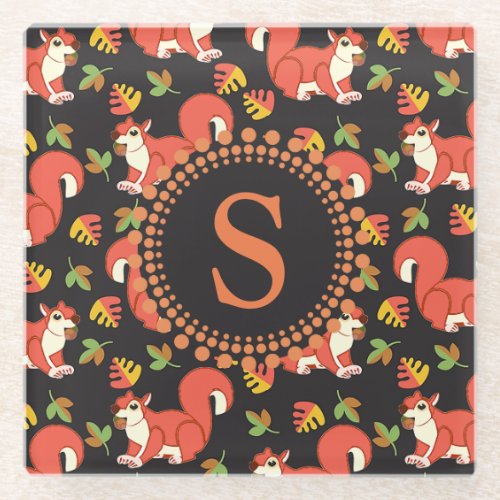 Squirrel and Autumn Leaf Pattern Monogram Glass Coaster