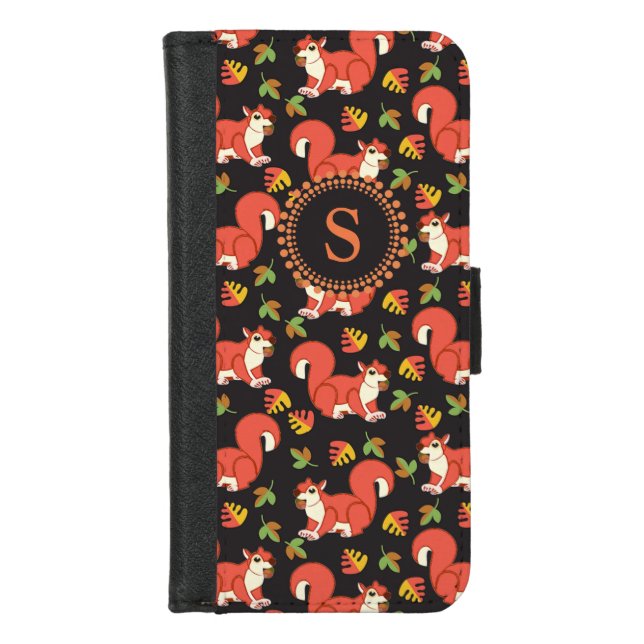 Squirrel and Autumn Leaf Pattern Monogram iPhone Wallet Case (Front)