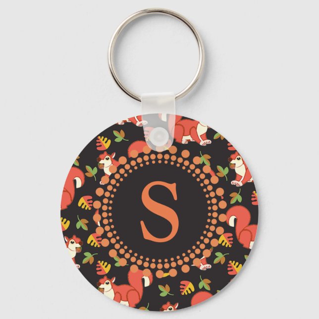 Squirrel and Autumn Leaf Pattern Monogram Keychain (Front)