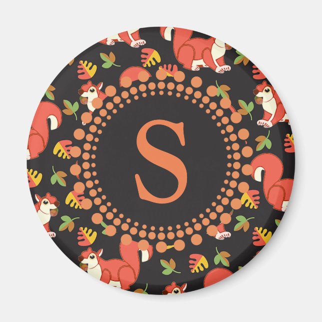 Squirrel and Autumn Leaf Pattern Monogram Magnet (Front)