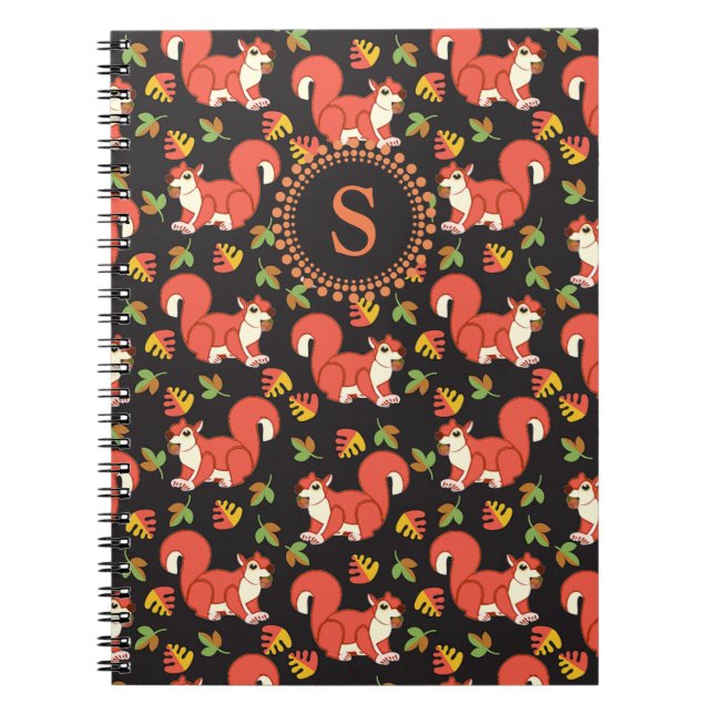 Squirrel and Autumn Leaf Pattern Monogram Notebook (Front)
