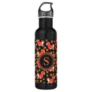 Squirrel and Autumn Leaf Pattern Monogram Stainless Steel Water Bottle
