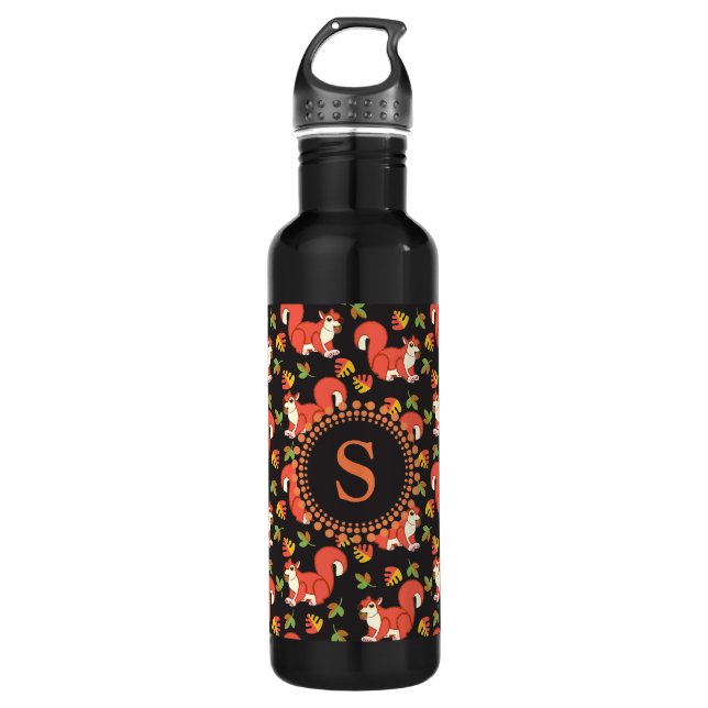 Squirrel and Autumn Leaf Pattern Monogram Stainless Steel Water Bottle (Front)