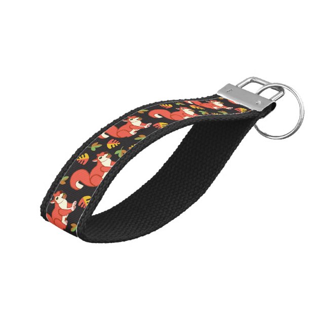 Squirrel and Autumn Leaf Pattern Wrist Keychain (Angled Up)