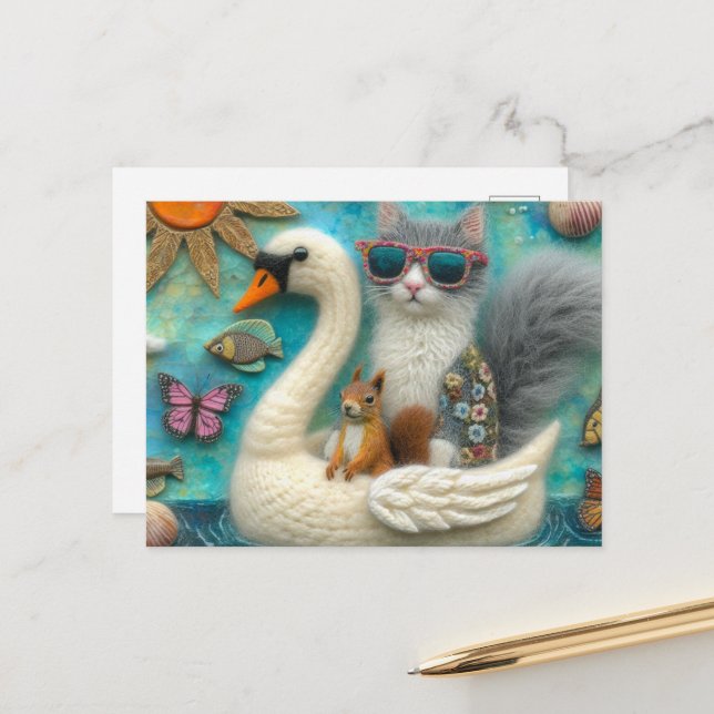 Squirrel and cat on Floating Woolen Swan Funny  Postcard (Front/Back In Situ)