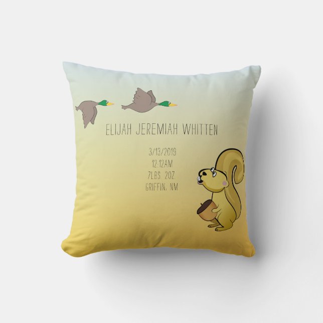 Squirrel and Duck Baby Birth Stats Throw Pillow (Front)