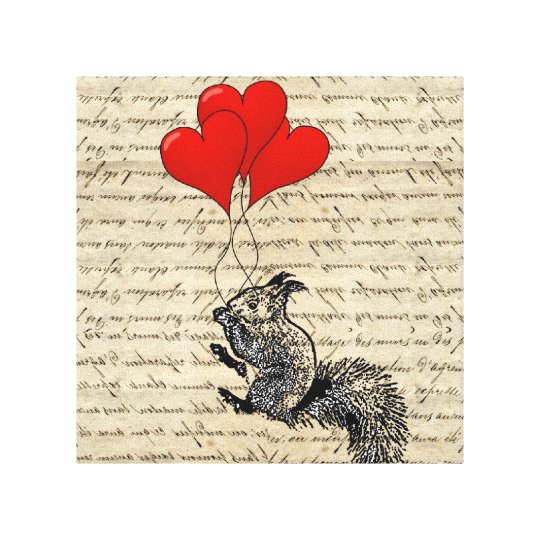 Squirrel and heart balloons canvas print