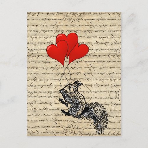 Squirrel and heart balloons postcard